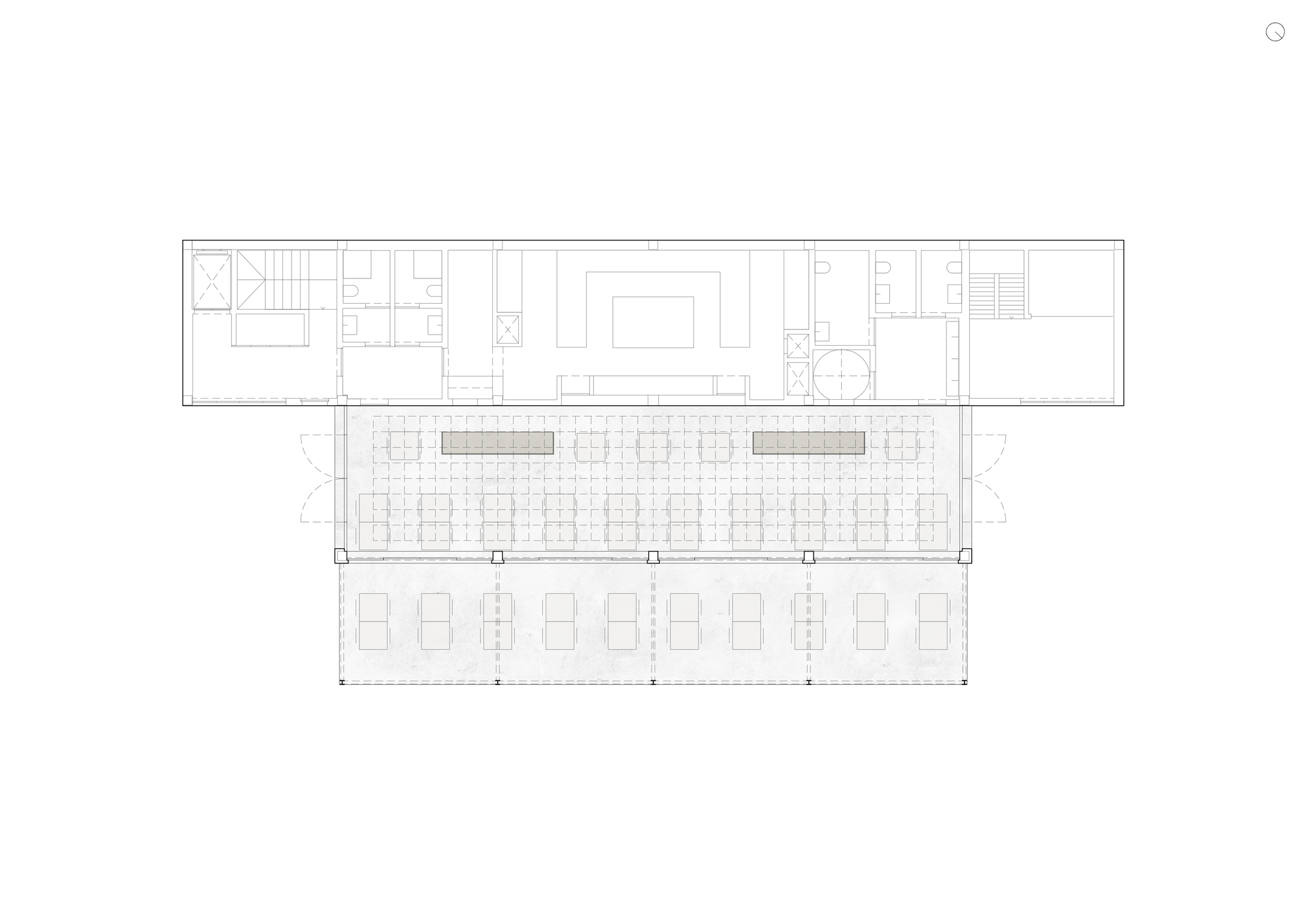 Floor plan drawing showing an elongated rectangular structure with a central colonnade and outdoor terrace
