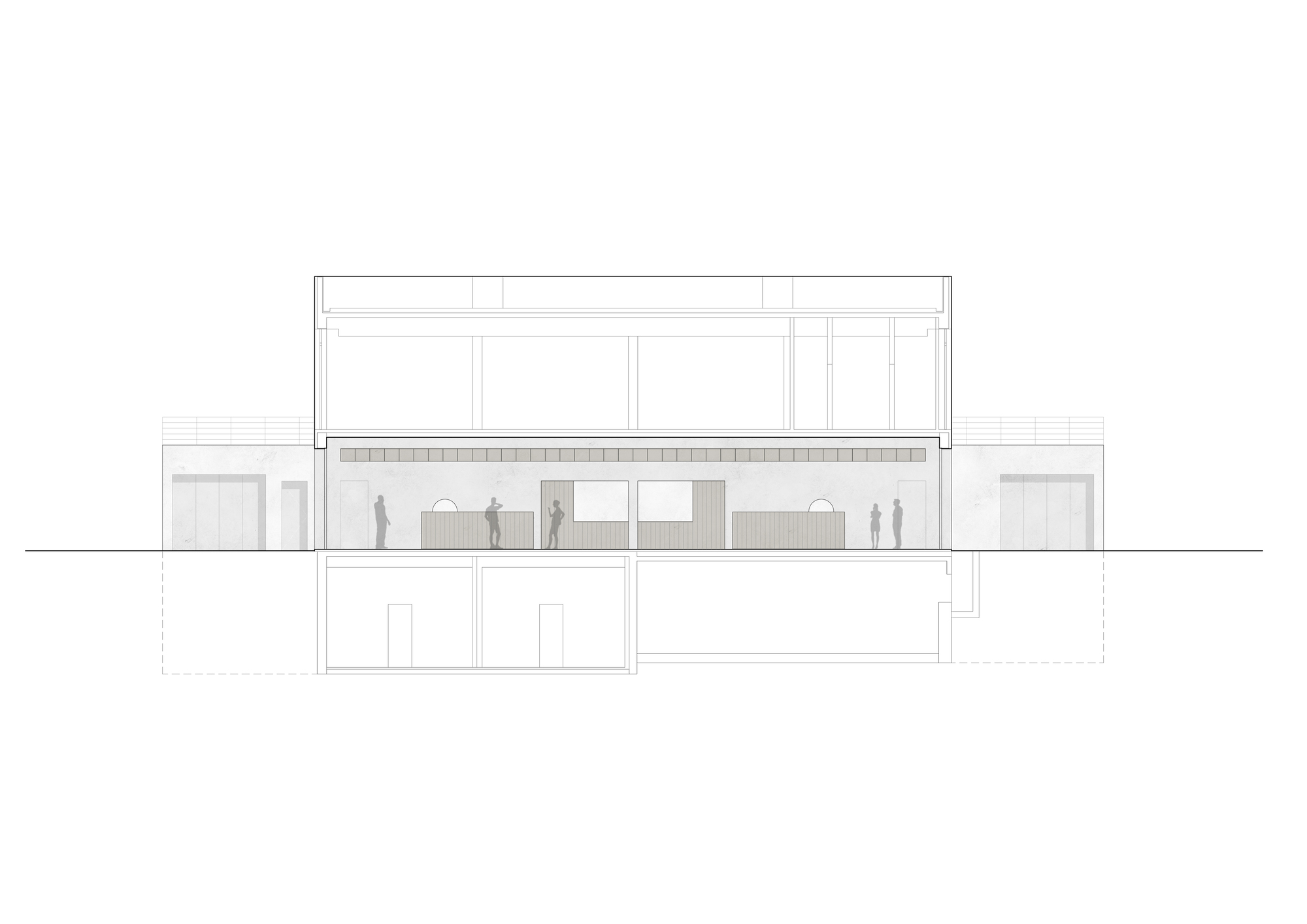 Section drawing revealing double-height interior space with colonnade and figures on multiple levels