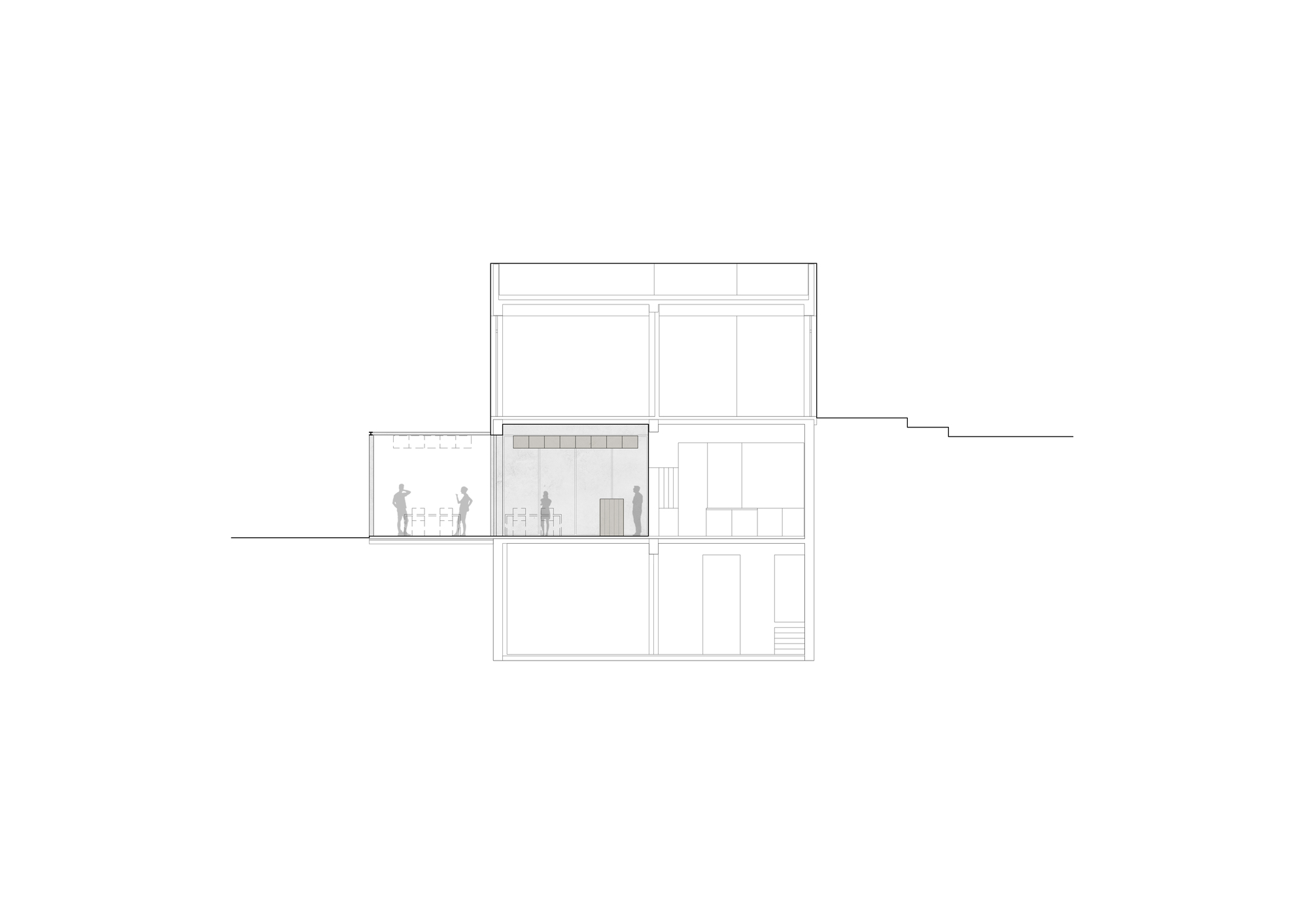 Section drawing showing three-story structure with terrace and figures seated at upper level
