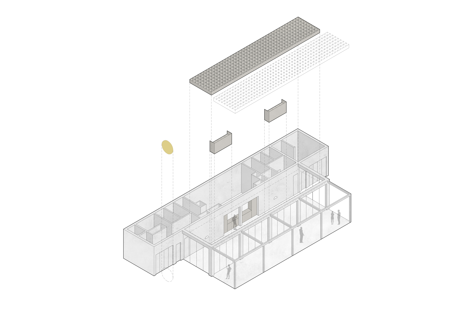 Axonometric drawing showing interior partitions, perforated roof panels, and a standing figure