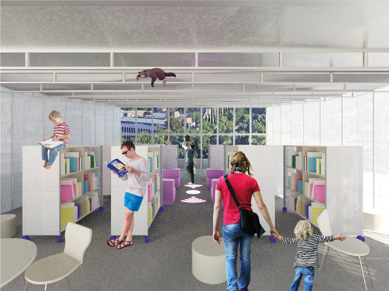 Flexible library interior with movable bookboxes and open reading spaces.