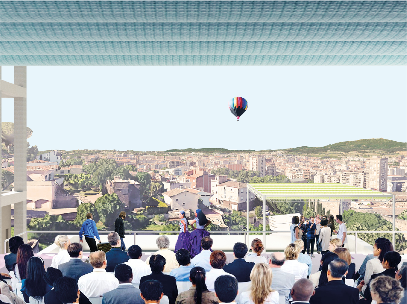 Elevated amphitheater framing panoramic views of Girona’s urban landscape.
