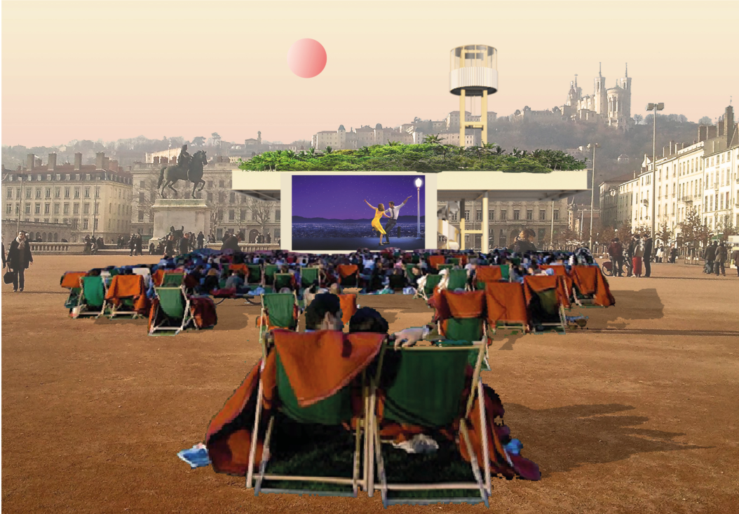 Outdoor cinema concept showing Liboratory as a reusable urban cultural tool.