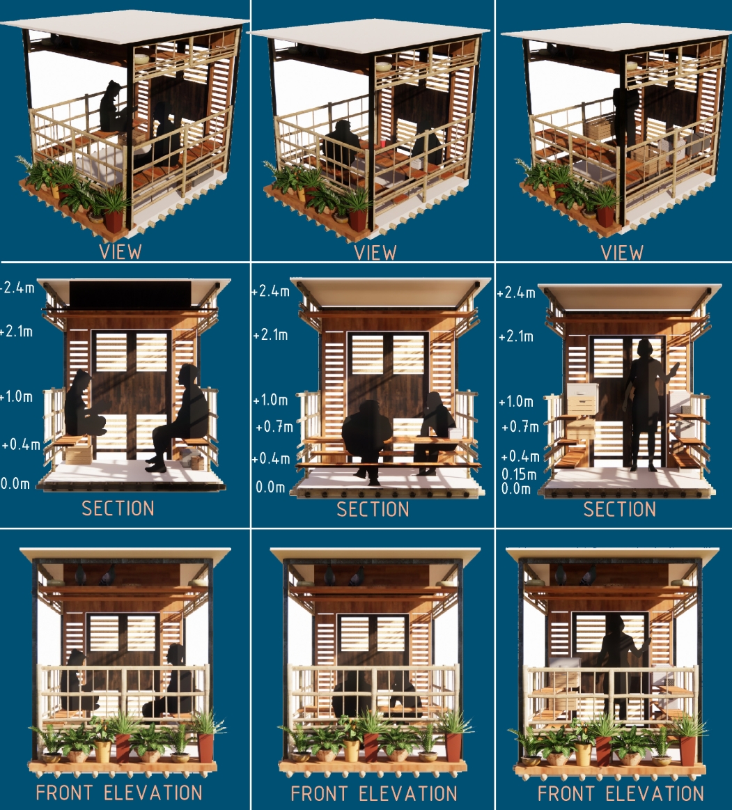Grid of 3D views, sections and front elevations of the balcony module, with seated and standing figures and potted plants along the edge. Image: Nikhil Jain, KEVAL MORAKHIA