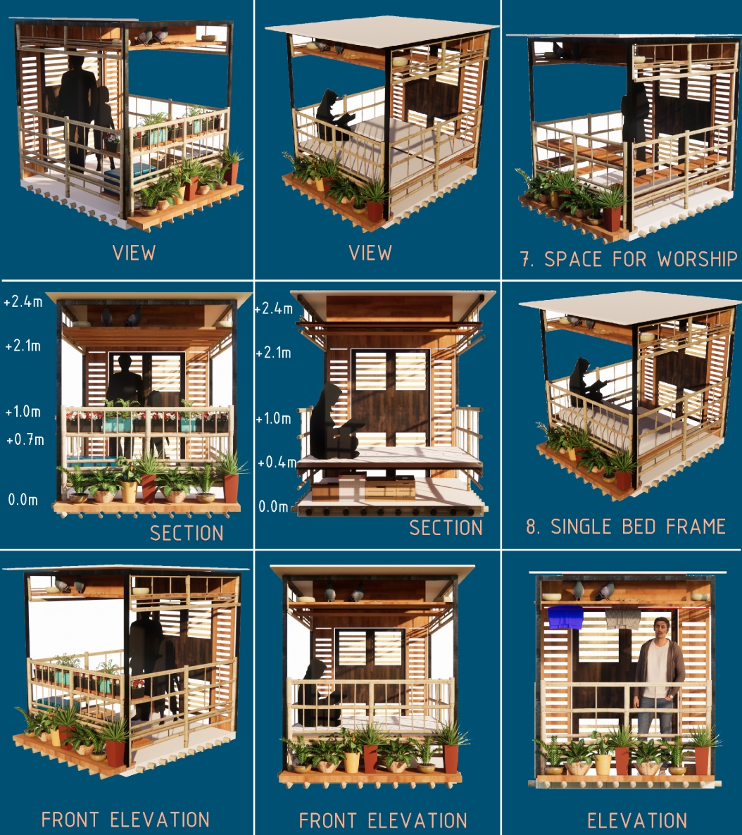 Grid of views, sections and elevations showing the balcony set up as a worship space and a single bed frame, with potted plants. Image: Nikhil Jain, KEVAL MORAKHIA