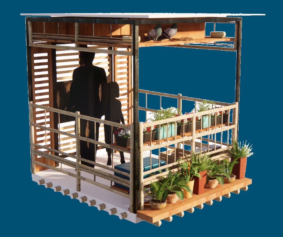 3D cutaway of the balcony with slatted timber screens, bamboo railing, planter boxes, two pigeons on the feeder shelf and a silhouetted adult and child. Image: Nikhil Jain, KEVAL MORAKHIA