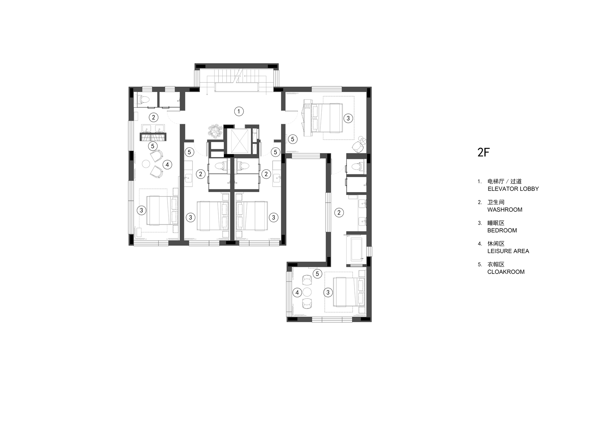 Floor plan drawing showing the second level with bedrooms, washroom, and leisure area around a central stair