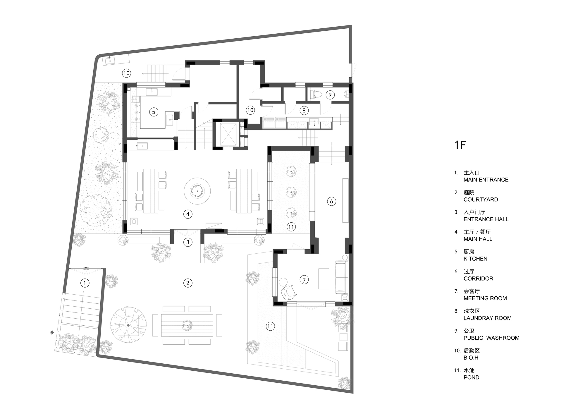 Ground floor plan drawing showing entrance hall, courtyard, main hall, kitchen, and exterior pond