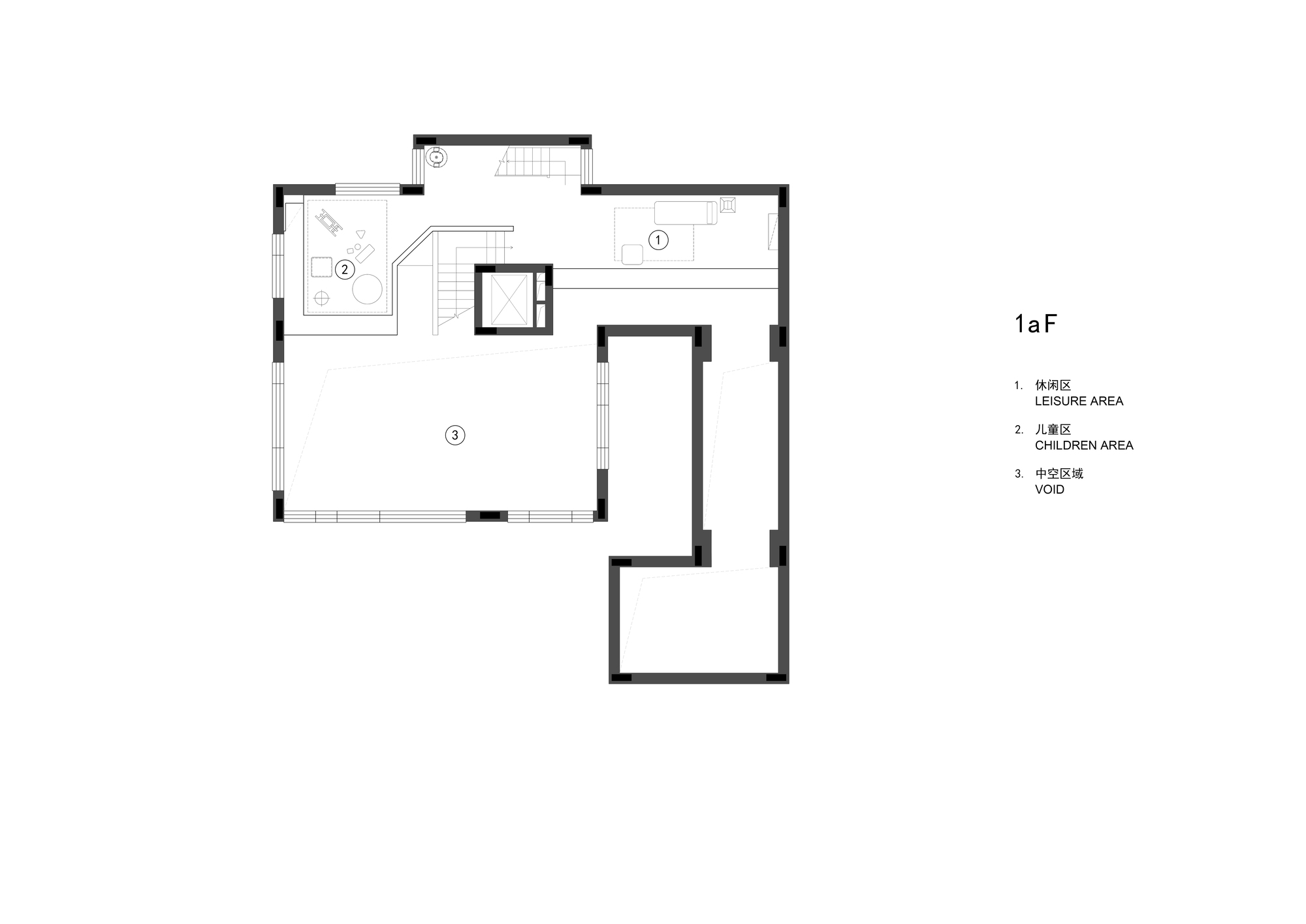 Floor plan drawing showing an L-shaped layout with bathroom, staircase, and living spaces arranged around a central void