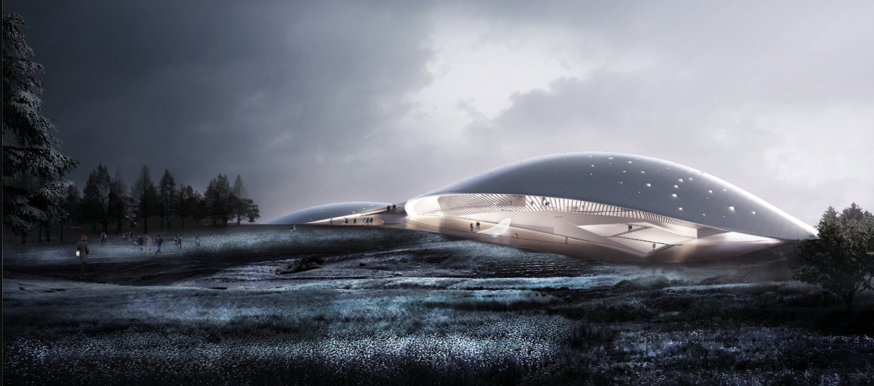 Illuminated curved structure rising from frozen wetlands with figures on the ramp at dusk