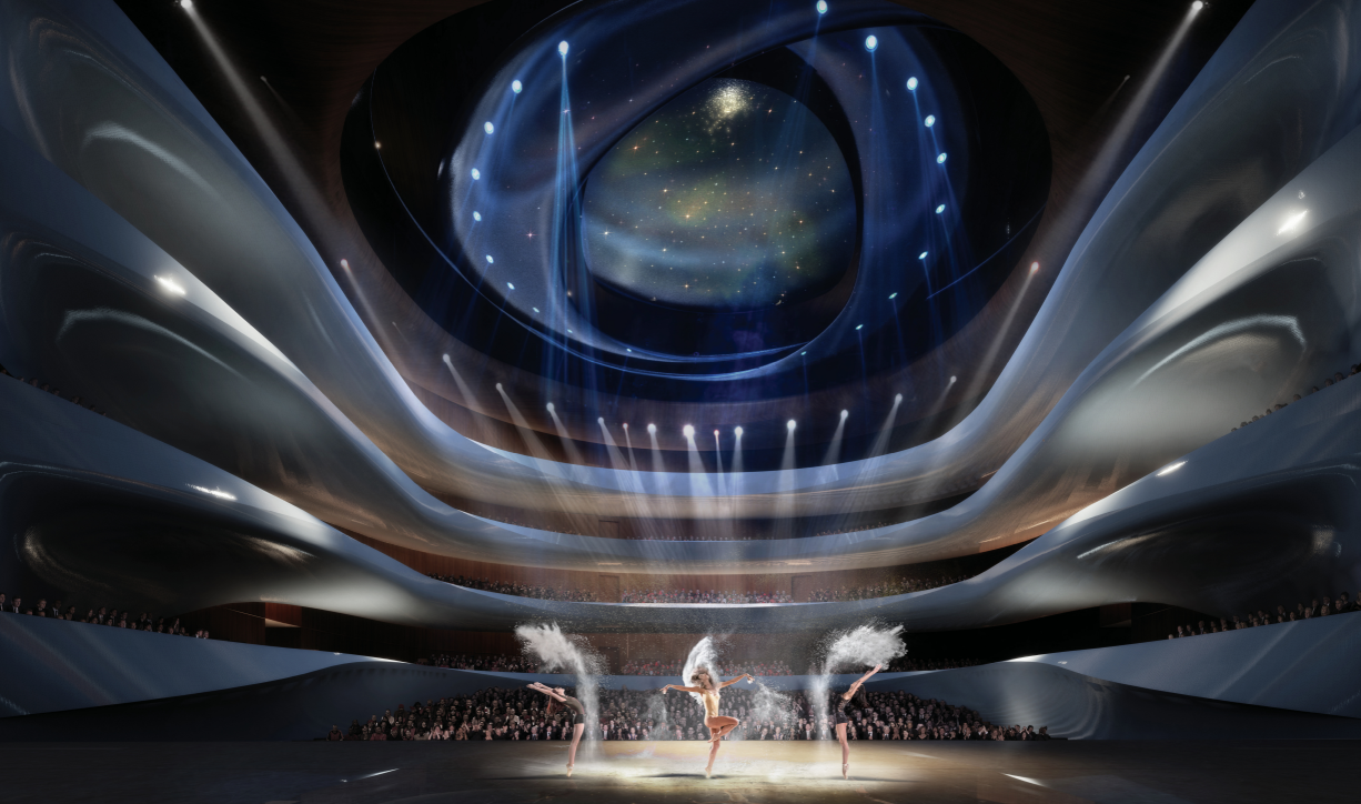 Interior view of the circular performance hall with layered balconies and starry dome above performers