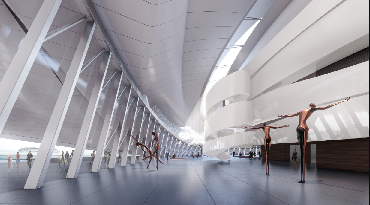 Interior corridor with angled white columns and curved ceiling where dancers practice on polished floors