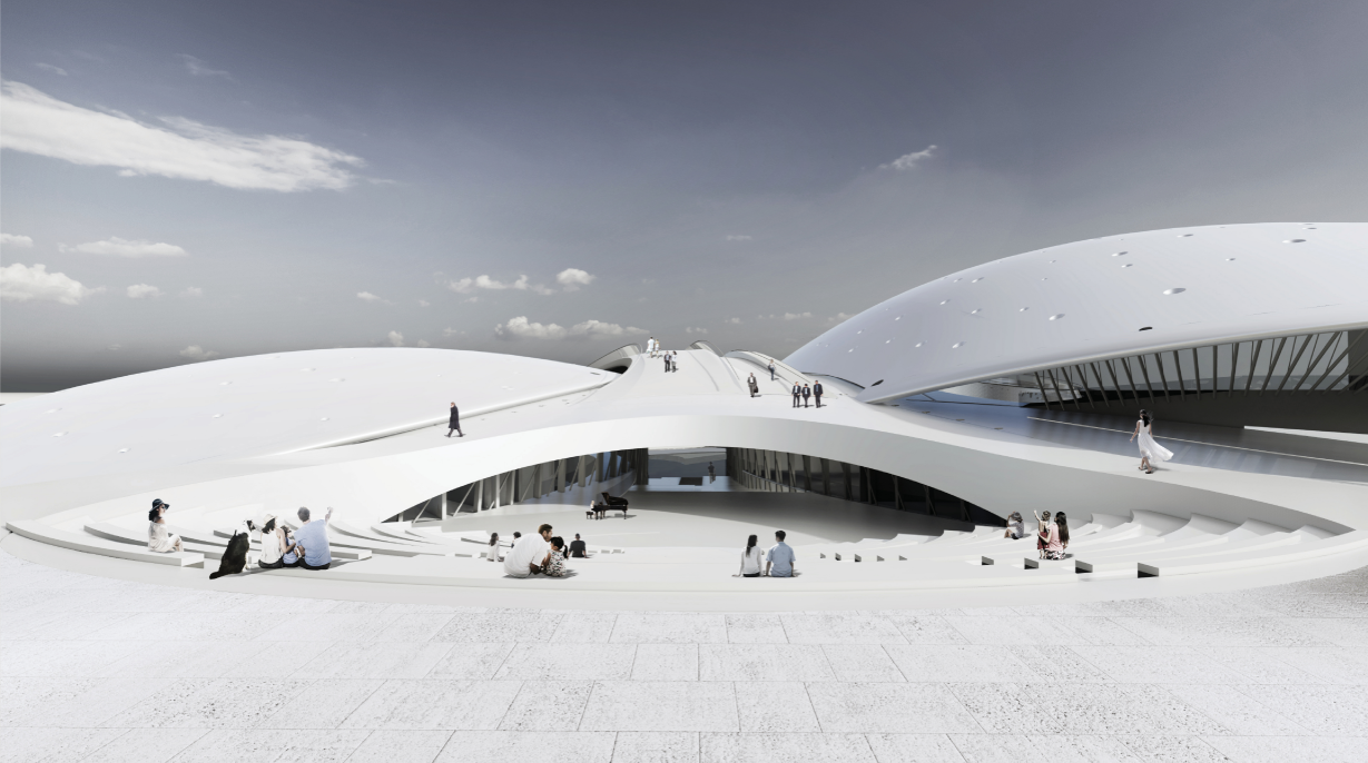 White roof landscape with undulating forms where visitors walk and gather on stone paving