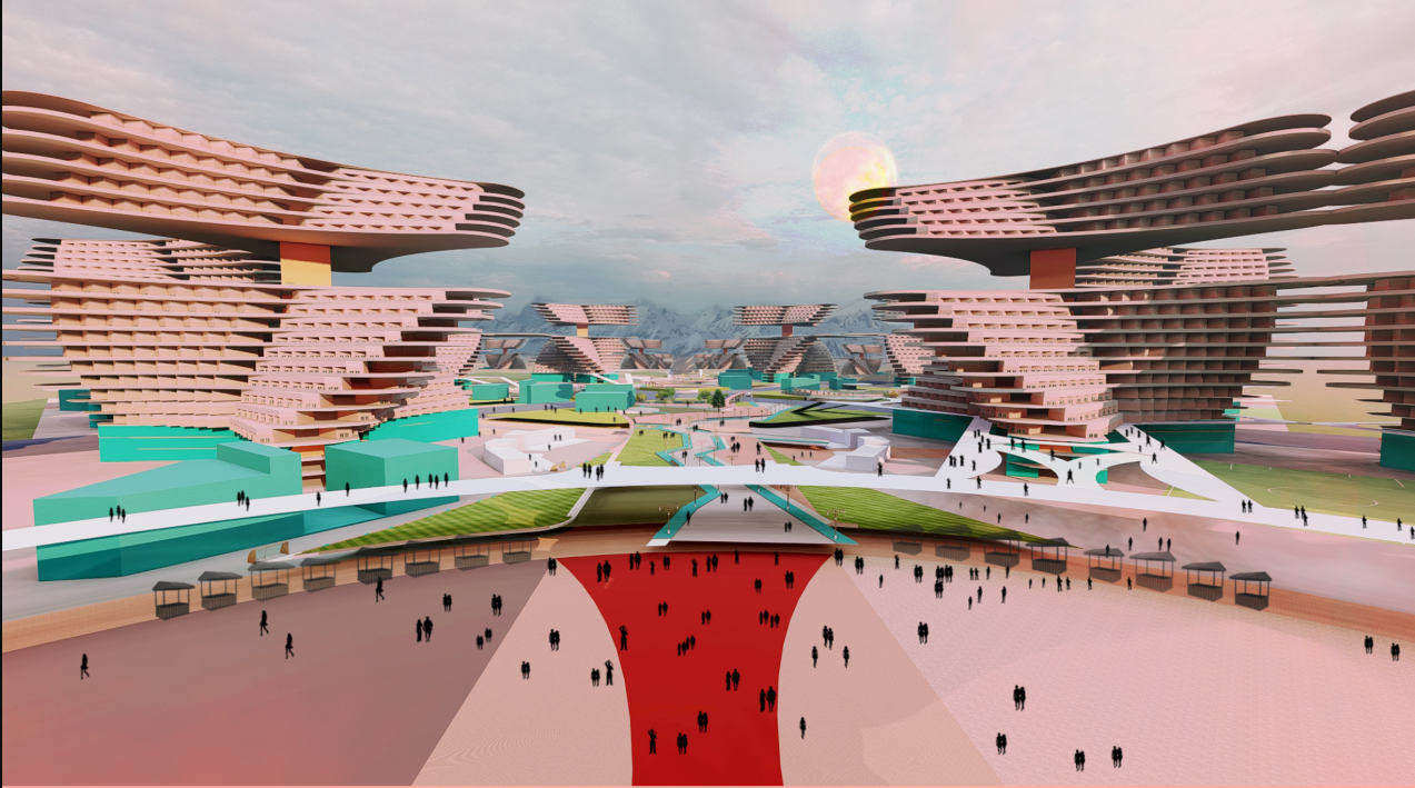 A pedestrian-focused urban district framed by sculptural mixed-use towers and interconnected public spaces