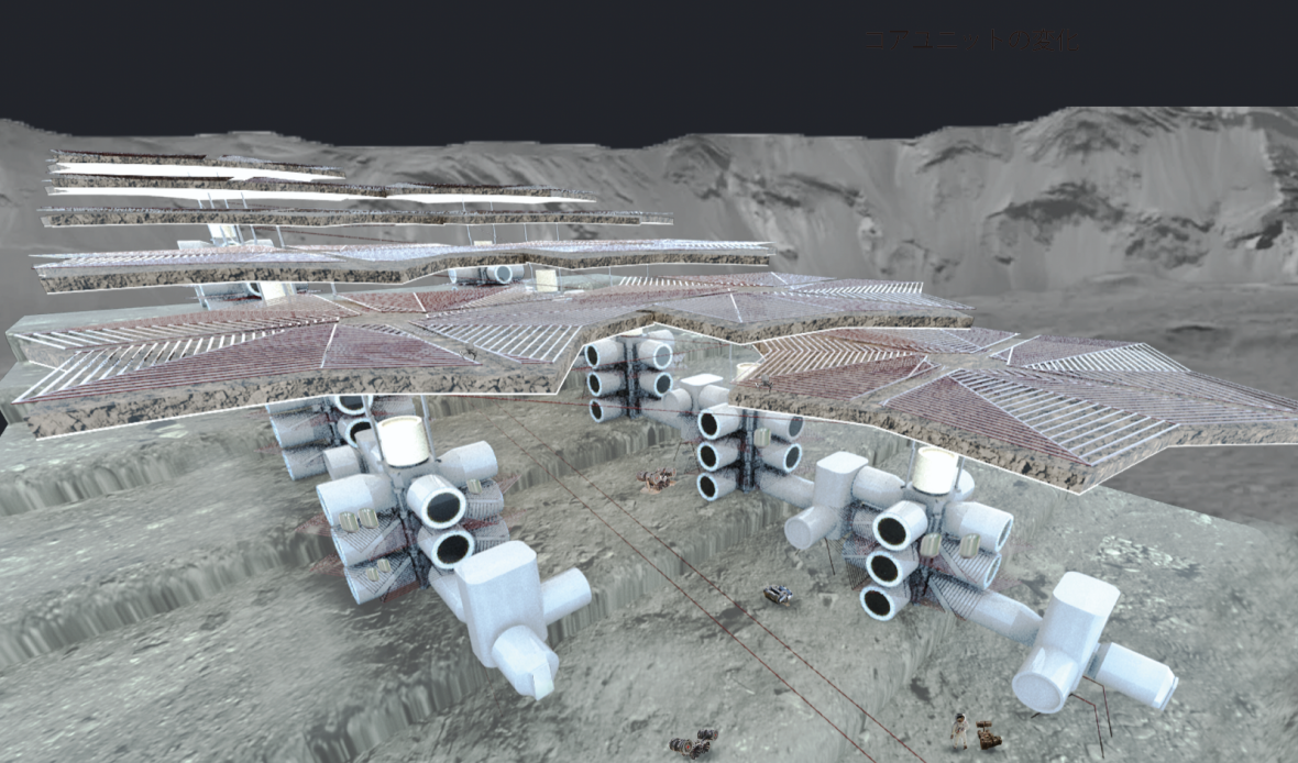 Modular habitat clusters spread beneath protective umbrella structures across the Ceres landscape.
