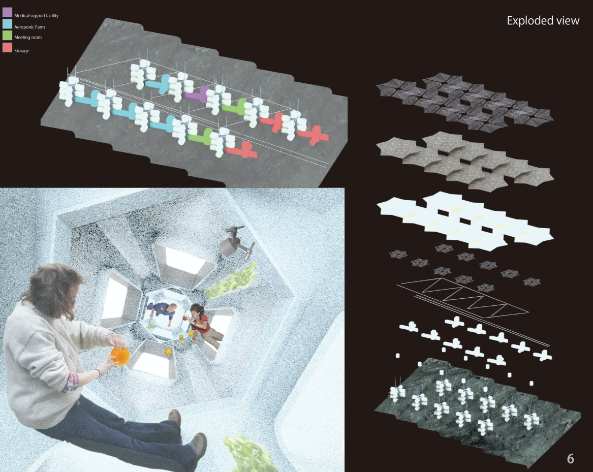 Exploded habitat view reveals modular programs, structural layers, circulation networks, and adaptable living spaces.