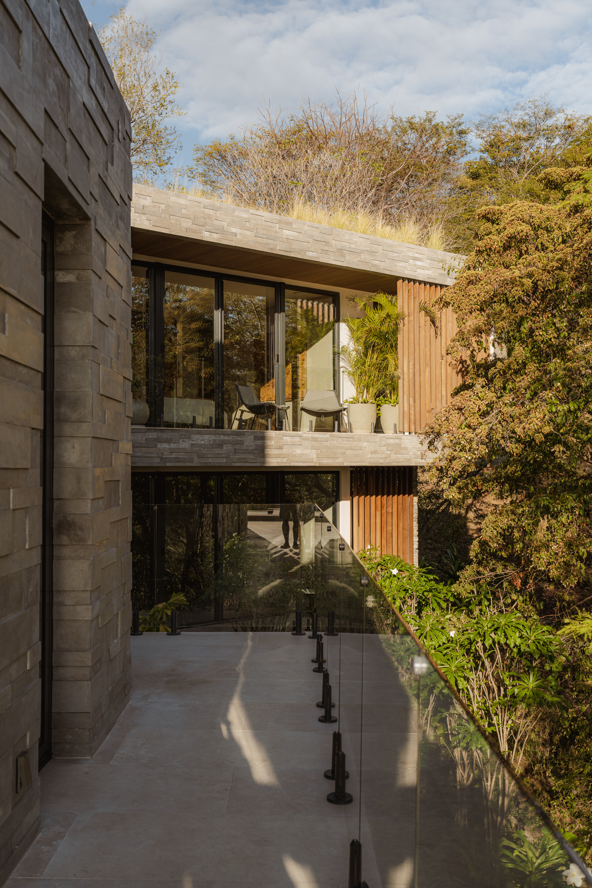 Courtyard passage with stone-clad wall and planted border beneath cantilevered concrete slab in afternoon light
