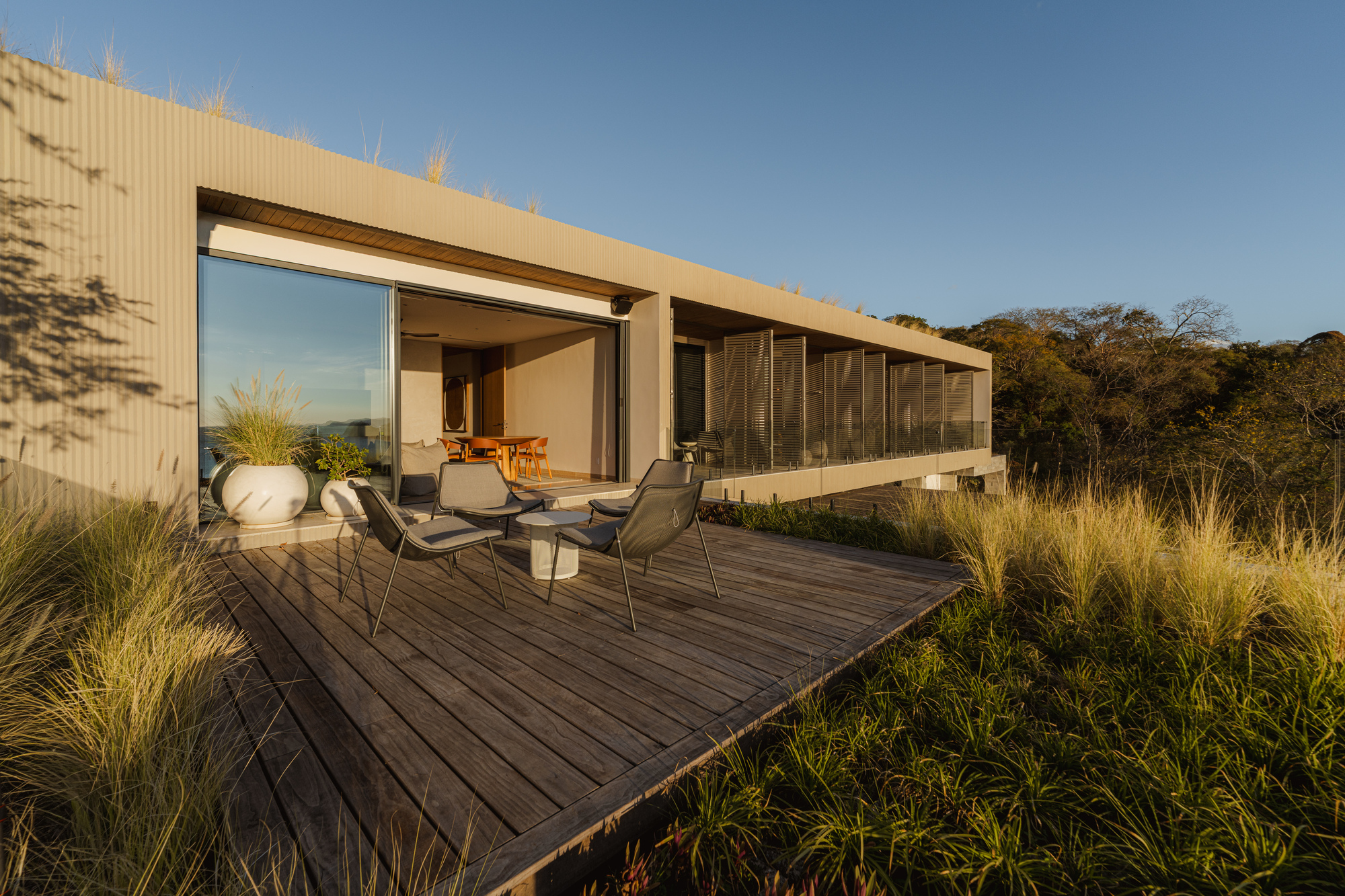 Timber deck terrace with lounge chairs surrounded by native grasses at golden hour