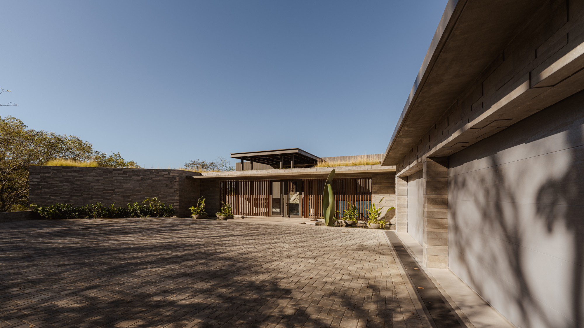 Entry courtyard with paved stone terrace and timber screen facade under clear afternoon sky