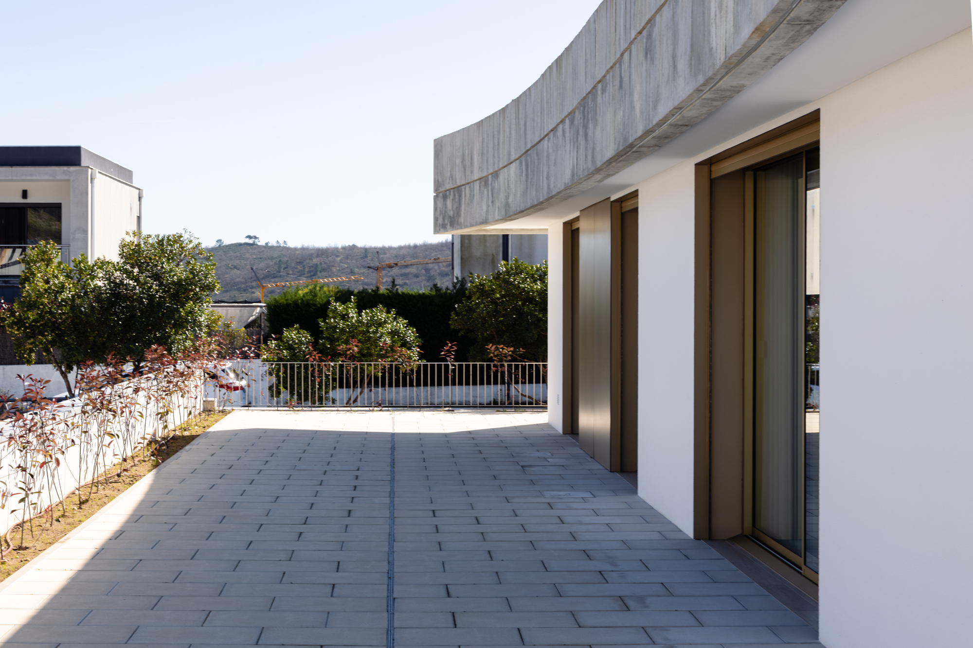 Paved terrace with planted bed and curved concrete wall backing onto hillside landscape