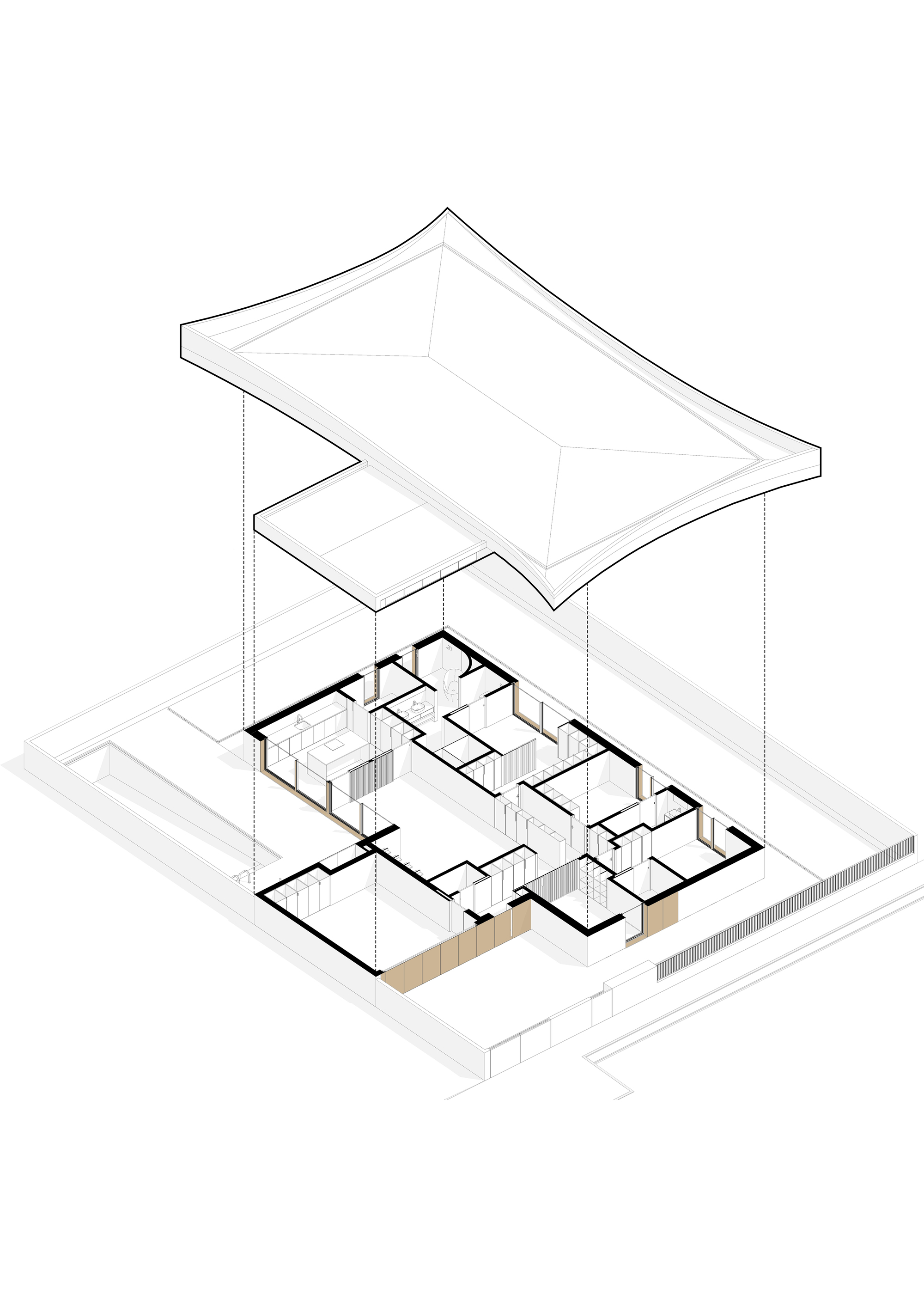 Exploded axonometric drawing showing the floor plan beneath the folded angular roof form