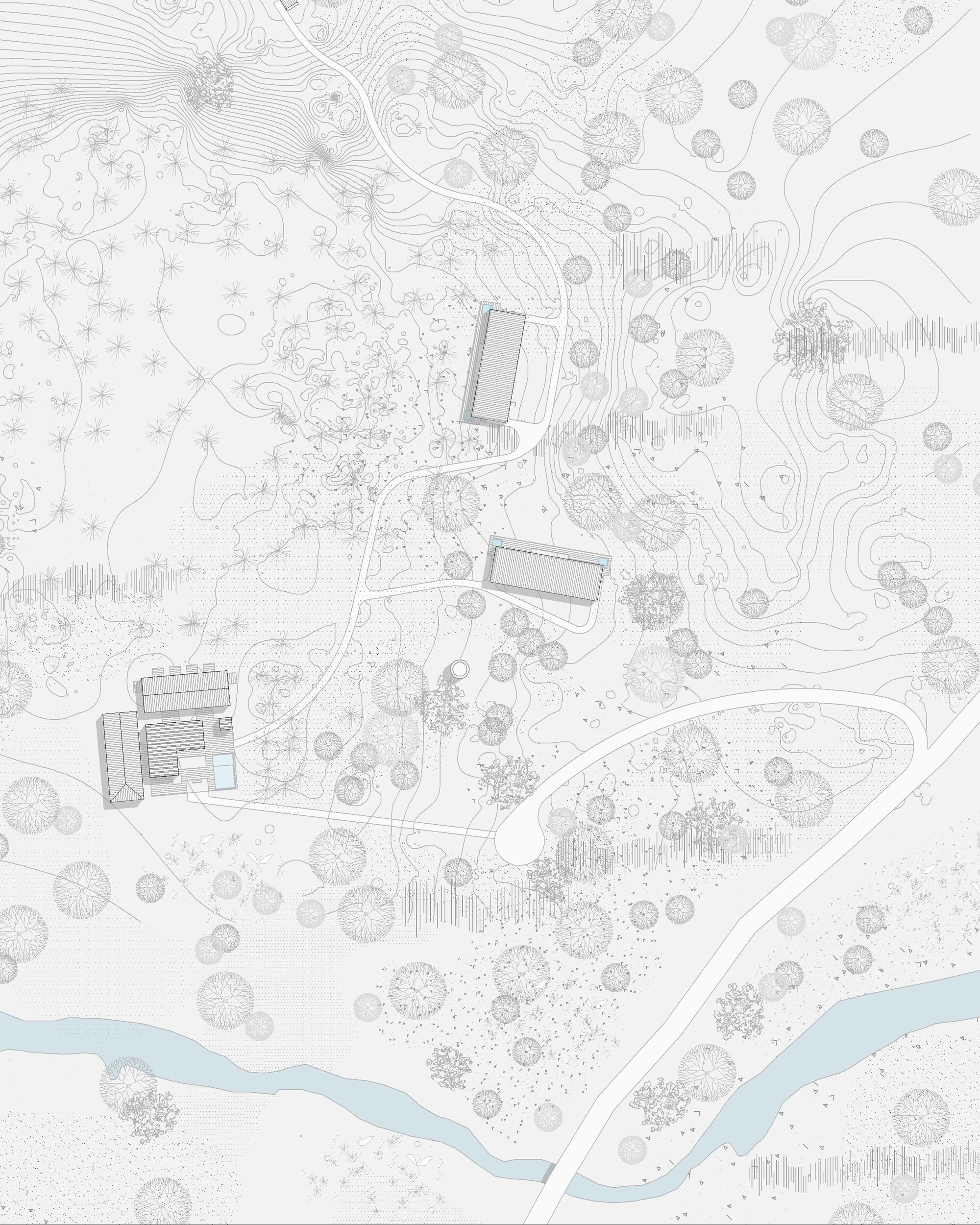 Site plan drawing showing three structures nestled among trees along a curving river boundary