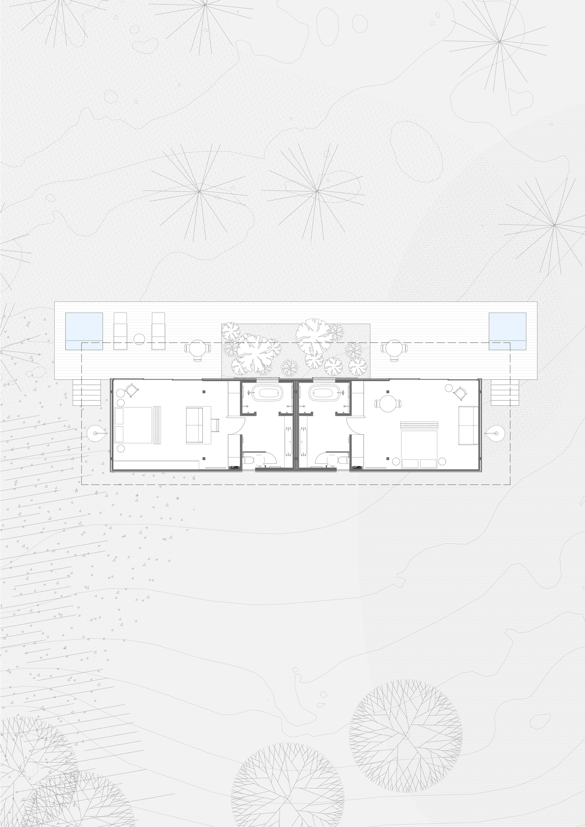 Floor plan drawing showing a symmetrical layout with central courtyard garden and flanking terraces