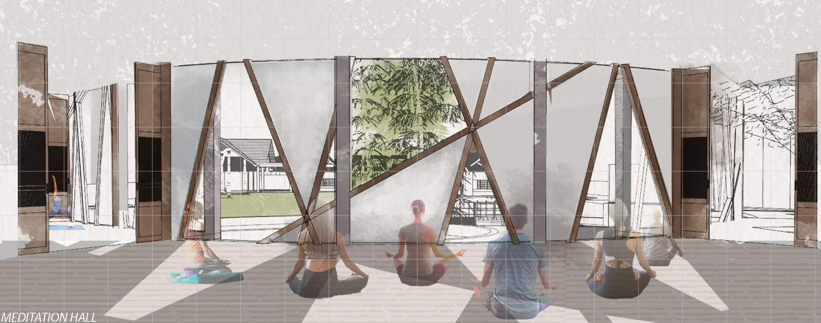 The meditation hall uses filtered light, timber screens, and garden views to support collective stillness.