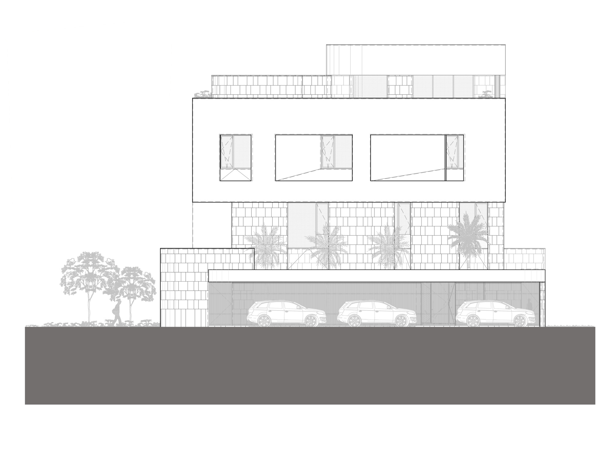 Section drawing showing three-story residence with rooftop terrace, planted balconies and ground-level garage