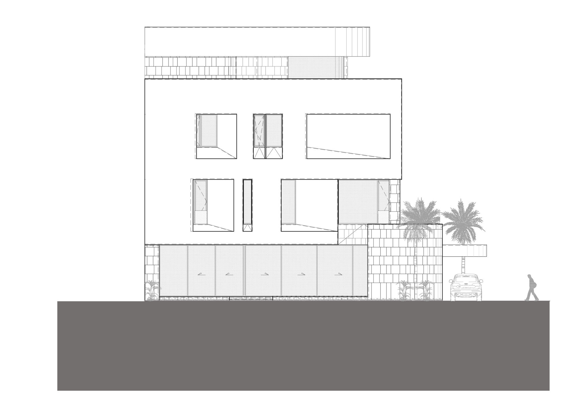 Section drawing showing a three-storey residence with palm trees on the terrace and a figure at grade