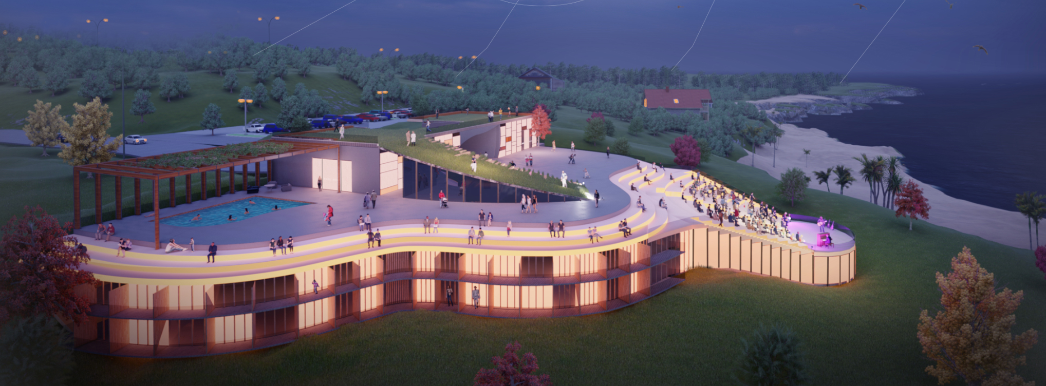 Night view of the musical retreat blending green roofs, public terraces, and coastal landscape