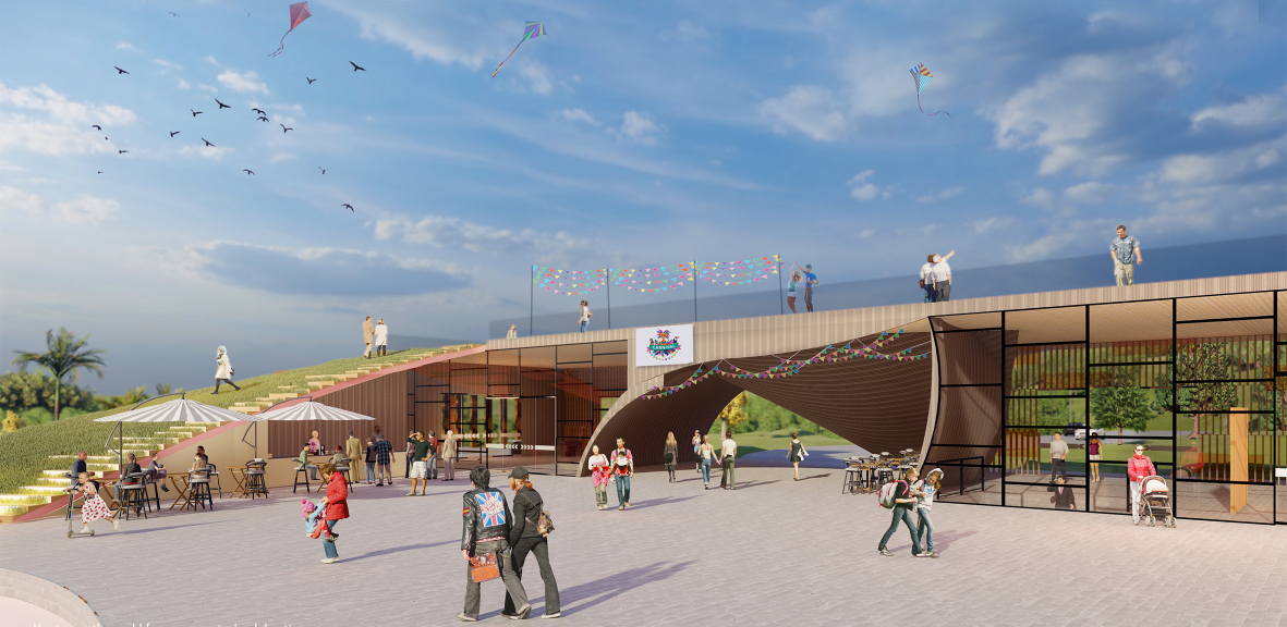 Open public plaza connecting the music centre with landscaped roofs and gathering spaces