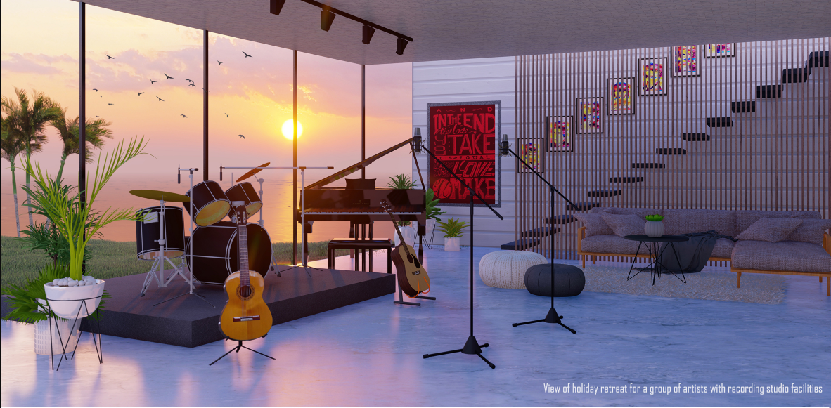 Artist retreat and recording space framed by panoramic sunset views of the Caribbean Sea