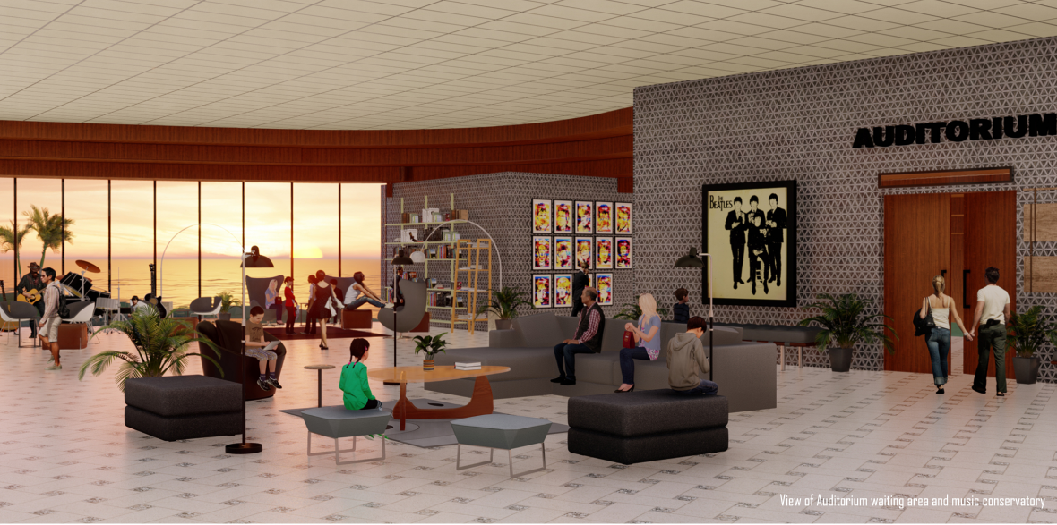 Auditorium waiting area and music conservatory designed as a relaxed communal interior.