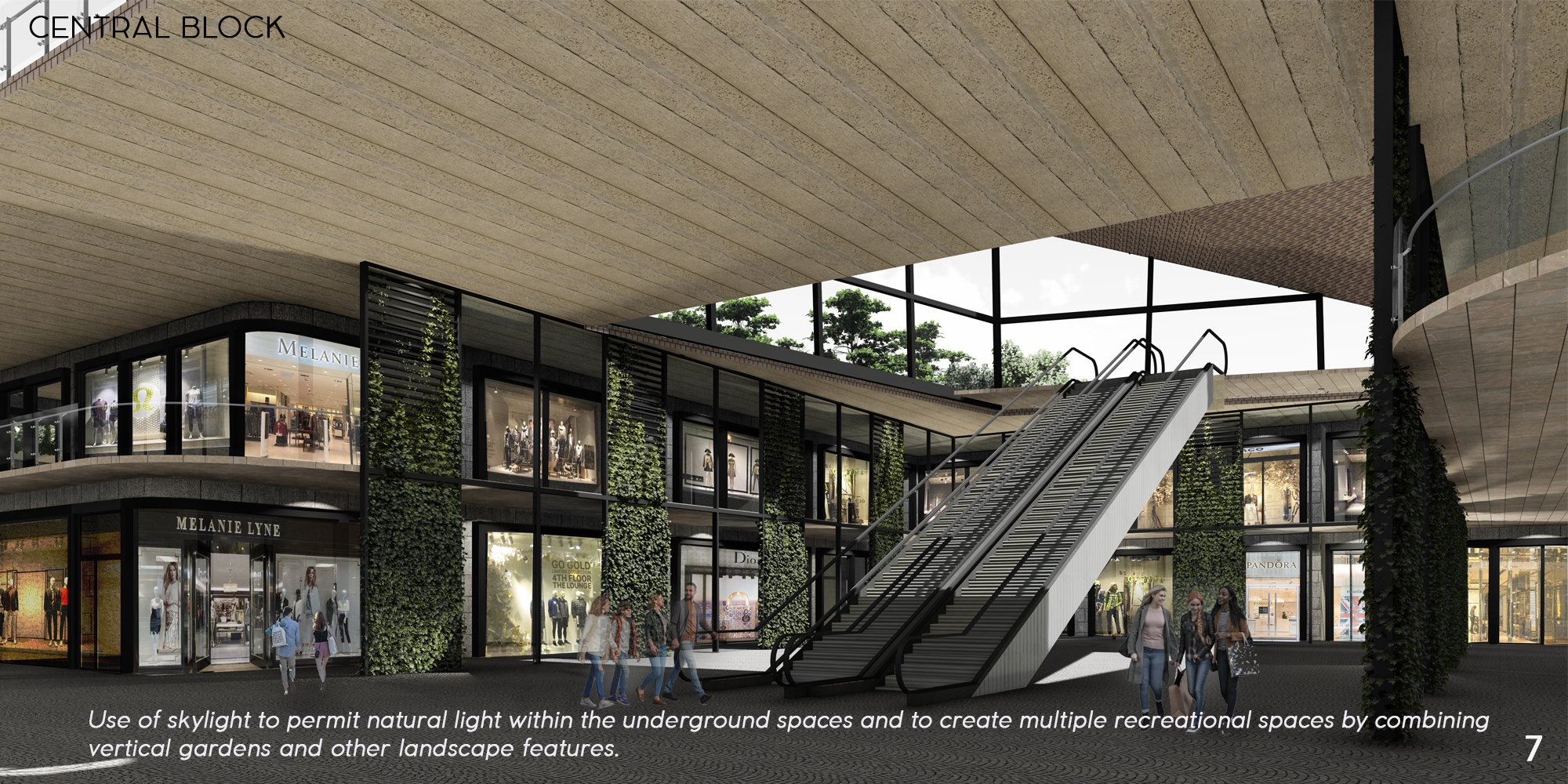 Central block with skylights, vertical gardens, and escalators connecting layered retail and recreational spaces.