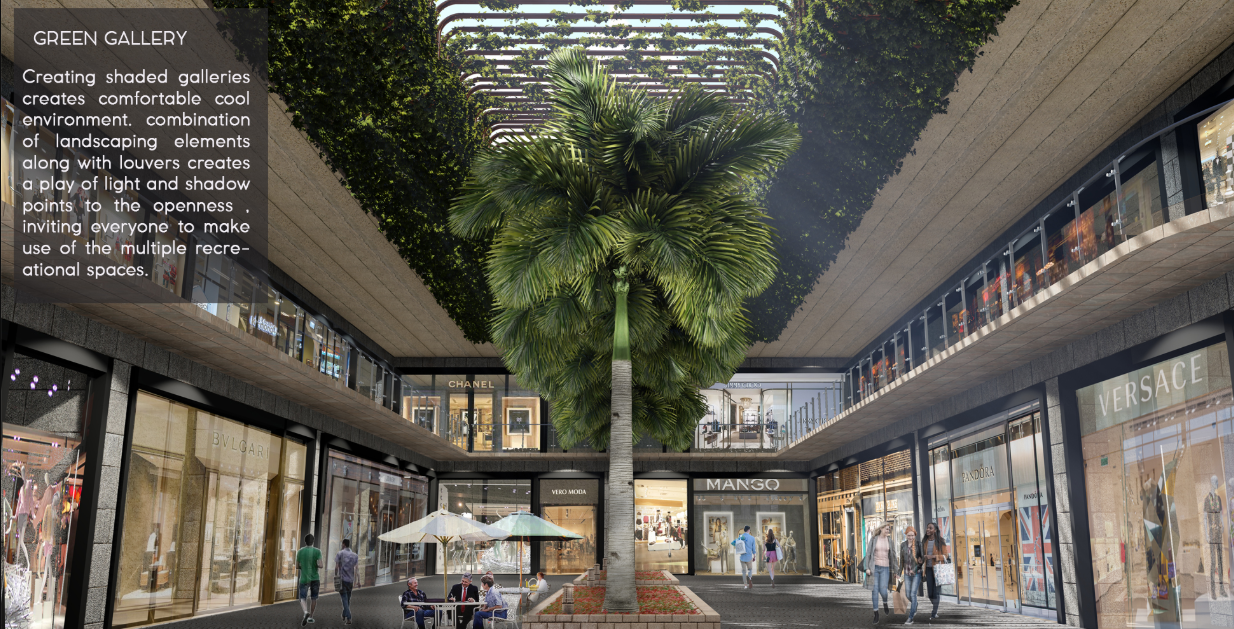 Green gallery creating a shaded retail courtyard through planting, filtered light, and open-air circulation.