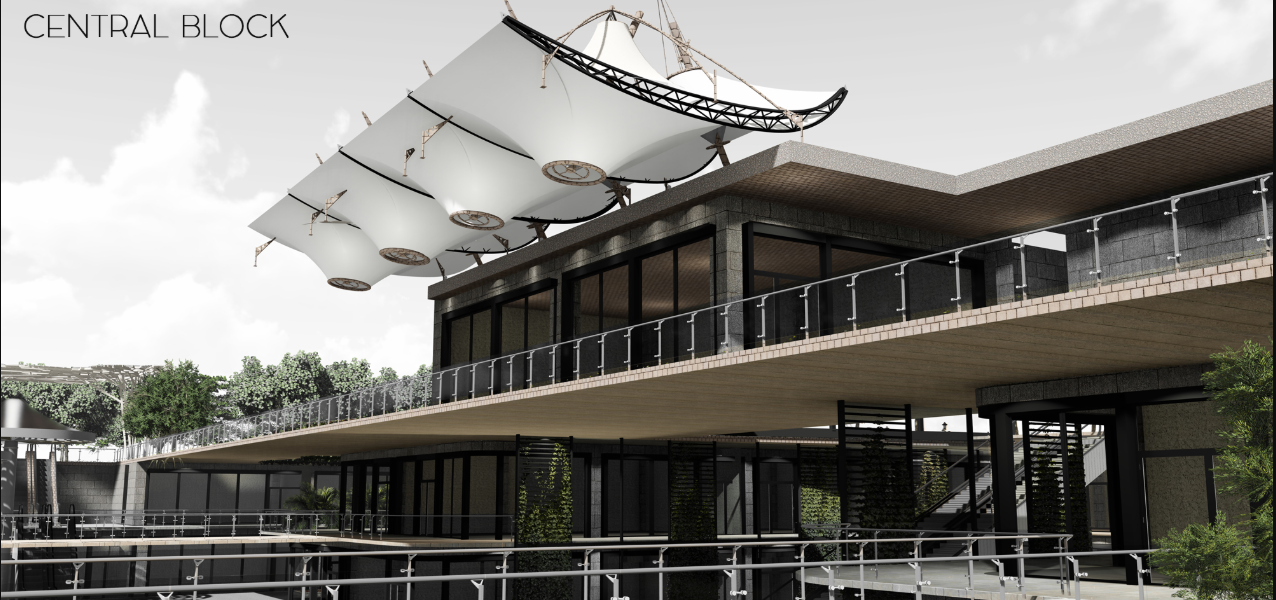 Central block featuring elevated walkways, tensile canopies, vertical greenery, and layered public circulation.