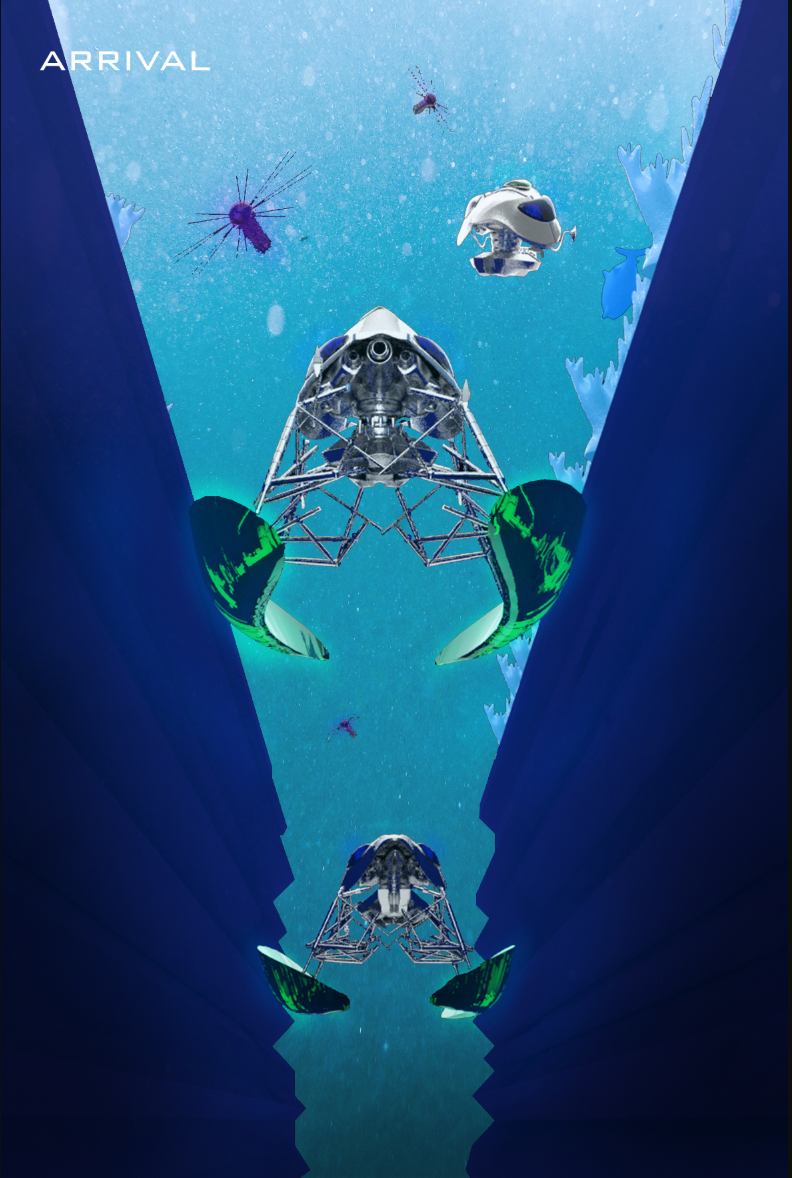 Mobile underwater habitat vessels descend through the Pacific’s deep-sea landscape