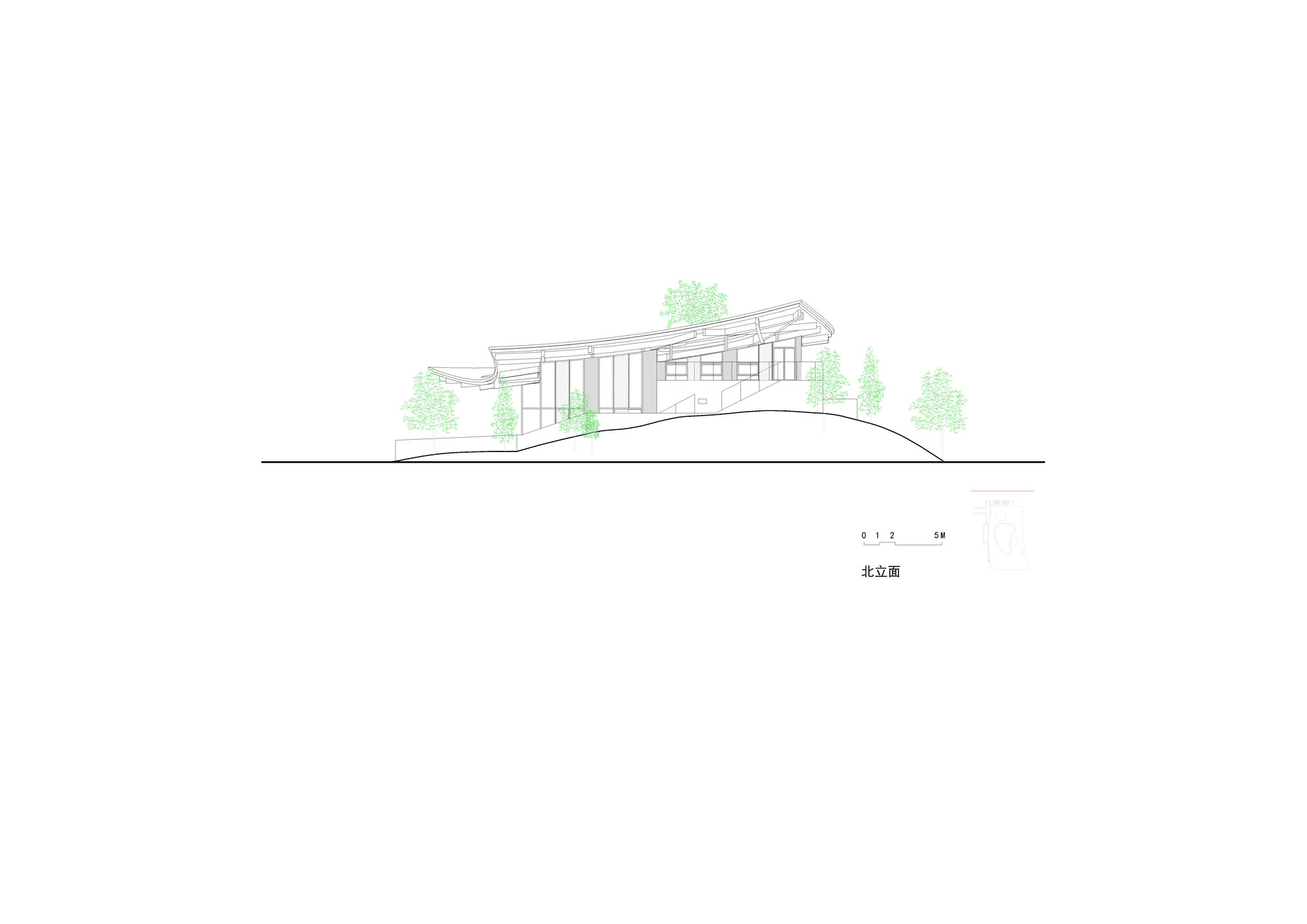 Elevation drawing of a horizontal volume with recessed glazing set on a hillside with surrounding trees