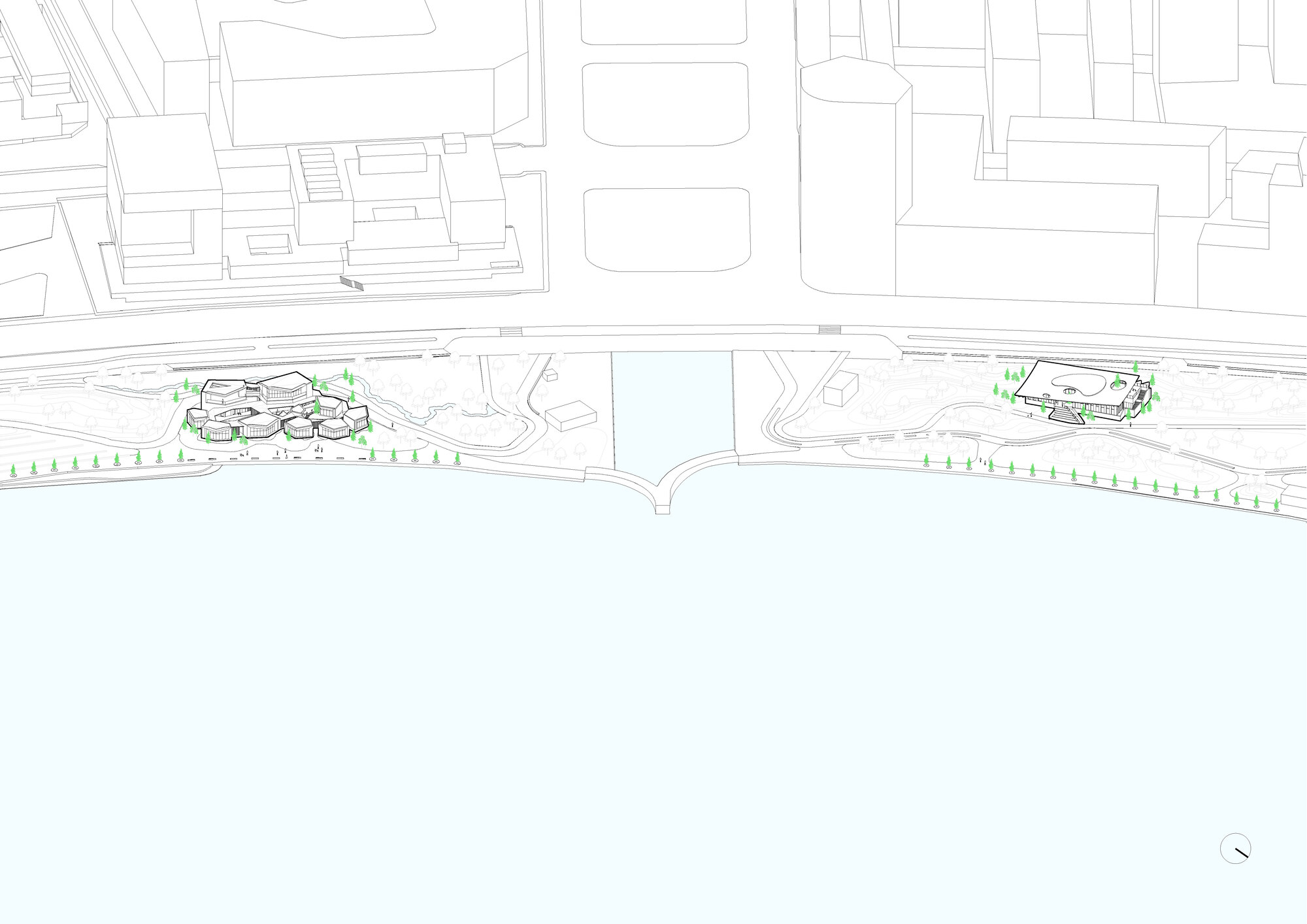 Axonometric drawing showing two building clusters along a waterfront edge with landscaping and pathways between