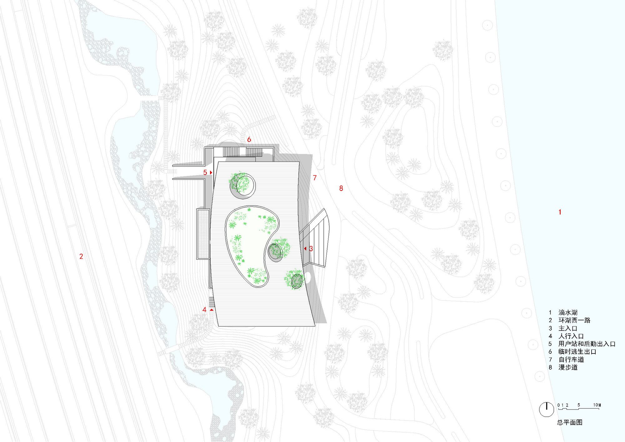 Site plan drawing with a rectangular building enclosing an organic courtyard garden with circular planting zones