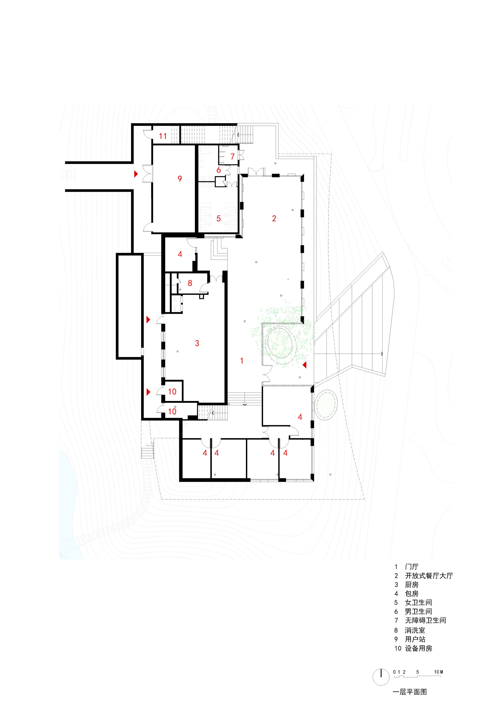 Floor plan drawing showing residential rooms arranged around a central courtyard with planted areas