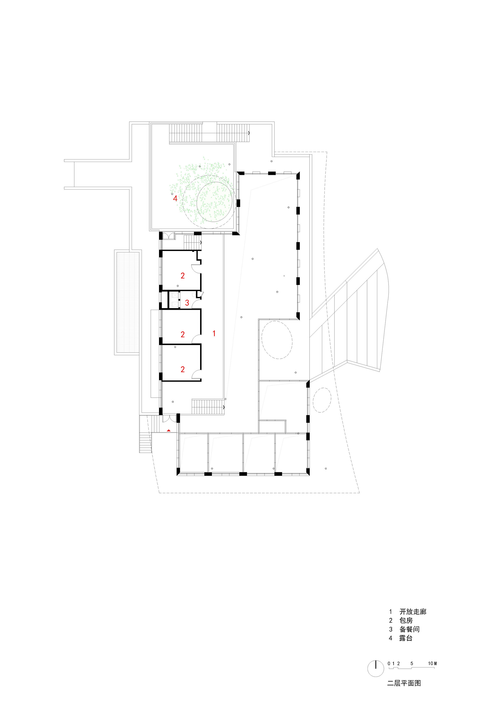 Second floor plan drawing depicting a circular courtyard and bedroom wing with surrounding terraces