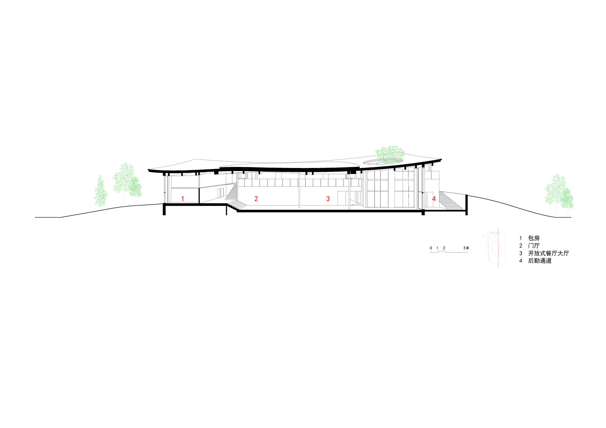 Section drawing showing the sloped roof profile and interior spatial organization across sloping terrain
