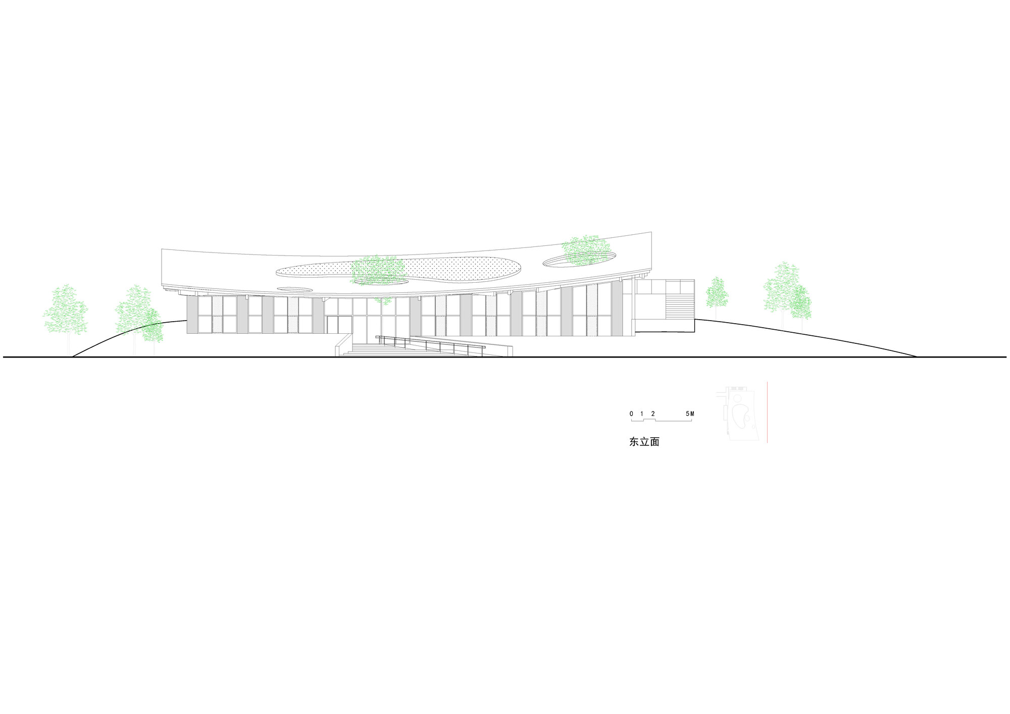 East elevation drawing showing the curved roof form and glazed colonnade with planted roof terraces