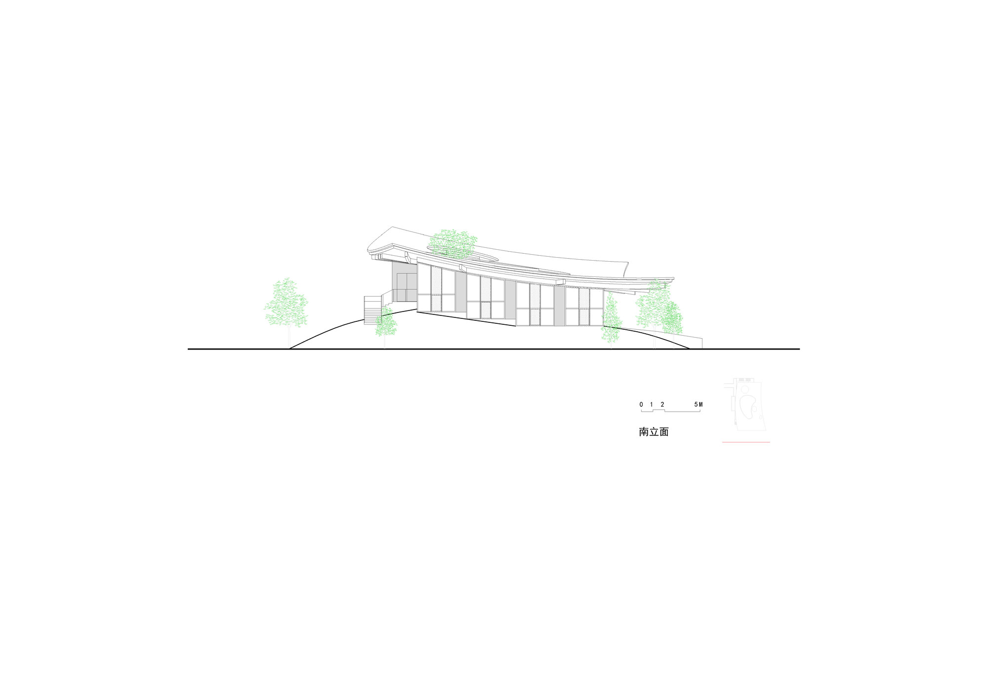 South elevation drawing displaying the sweeping roofline and vertical window elements against surrounding vegetation