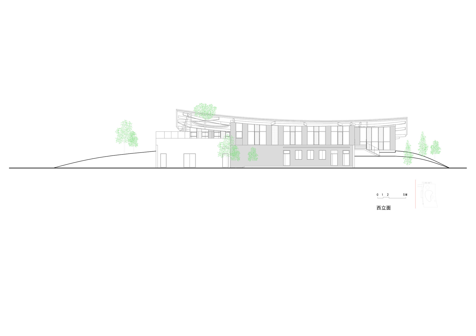 Elevation drawing showing a curved roof structure over multiple rectangular volumes with surrounding trees