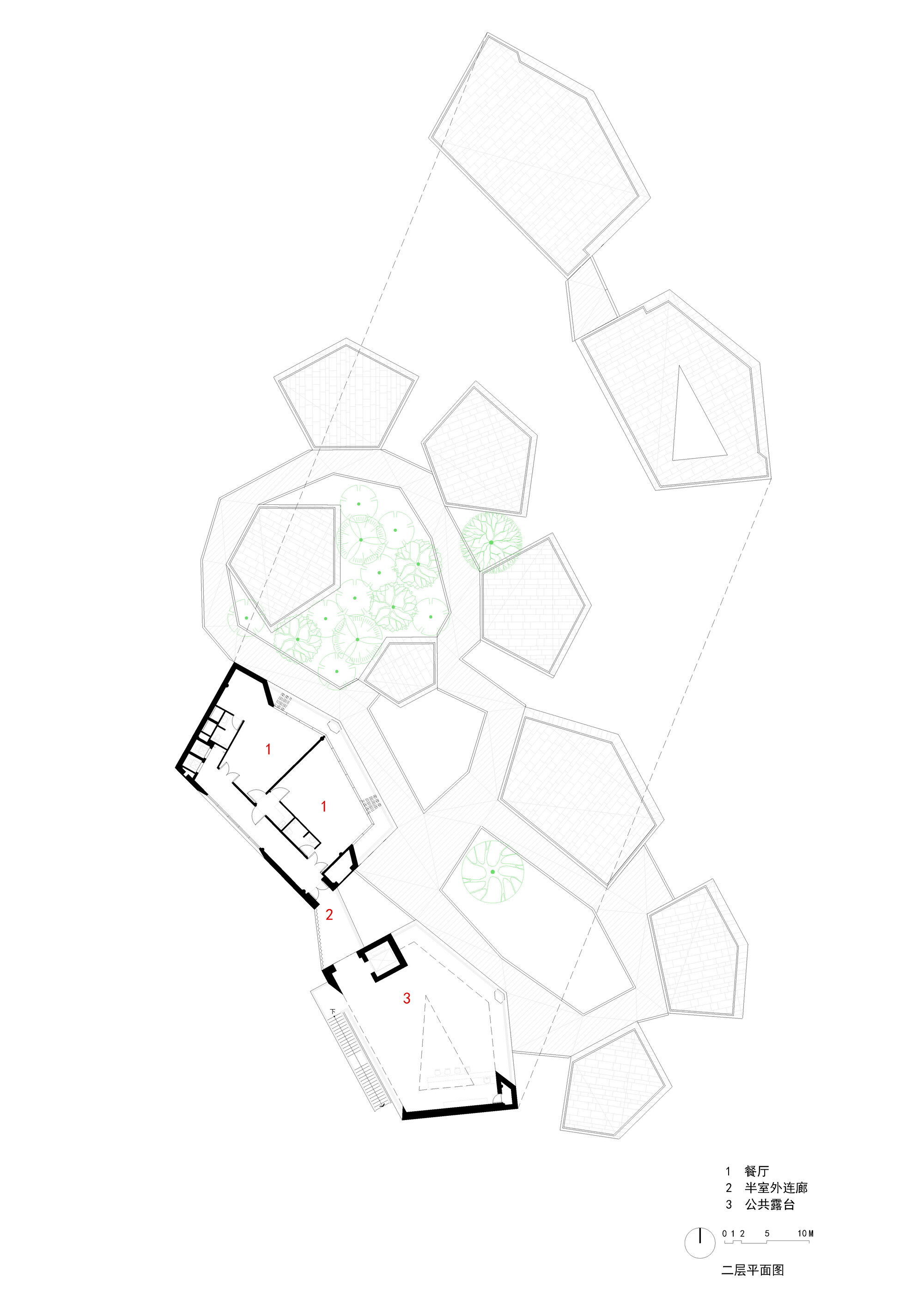 Floor plan drawing showing polygonal courtyard spaces arranged along a curved corridor with planted areas