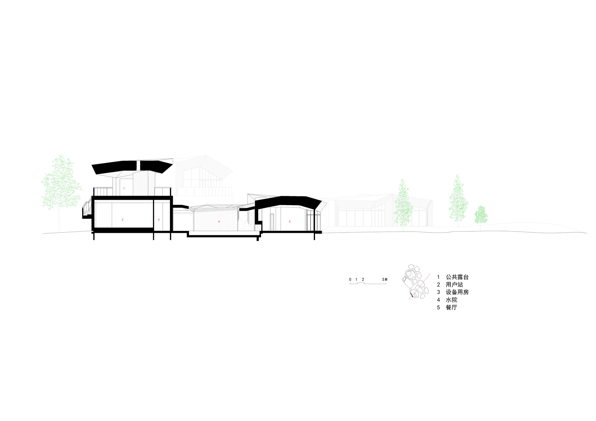 Section drawing through multiple volumes with curved roofs at varying heights among scattered trees