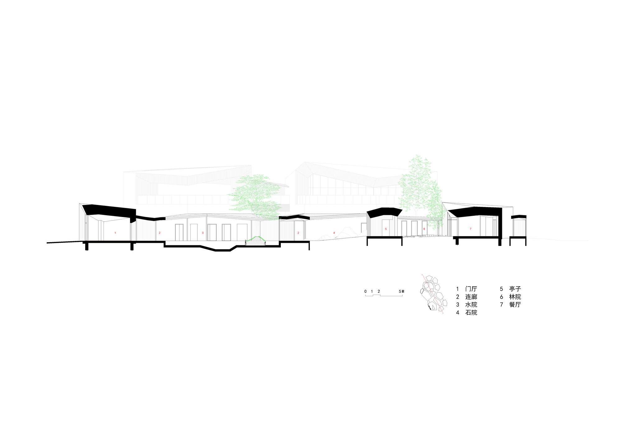 Section drawing showing the undulating roofline across multiple volumes with trees between them